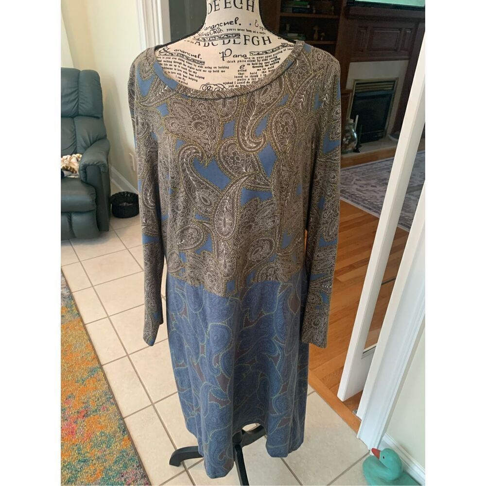 Boden Casual Hotchpotch Dress Blue Brown Contrast Paisley 3/4 Sleeve